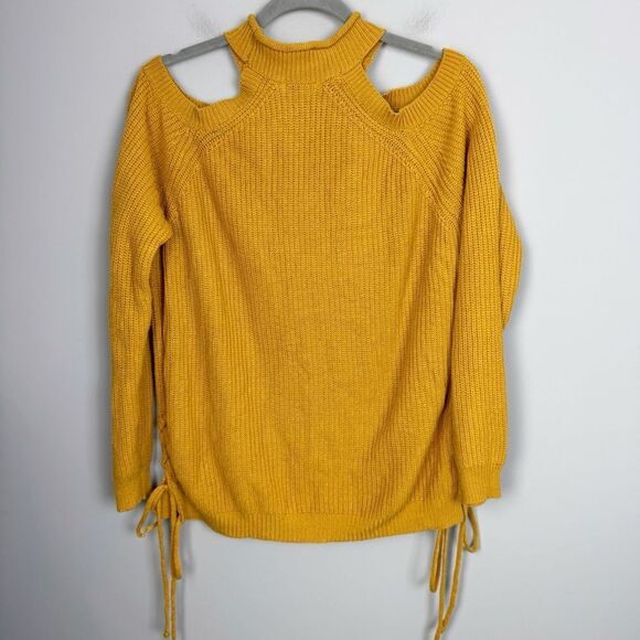 JODIFL | Mustard Yellow Cold Shoulder Turtleneck Sweater Lace Up Women’s Size L - Picture 8 of 8